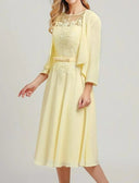 Zweiteiliges Kleid für die Brautmutter in A-Linie mit U-Ausschnitt, Midi-Chiffon, ärmellos, Wickelkleid