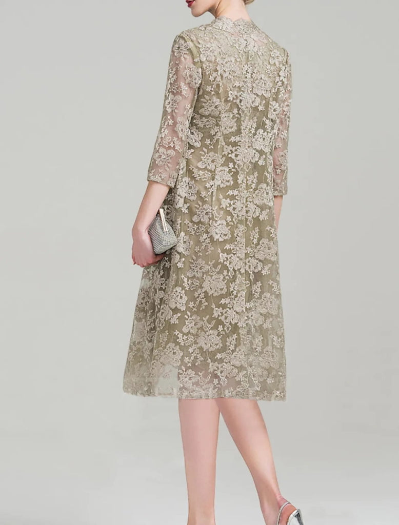 Two Piece Sheath Jewel Neck Lace Satin Mother of Bride Dress, Embroide - Princessly Two Piece Sheath Jewel Neck Lace Satin Mother of Bride Dress, Embroide - Princessly