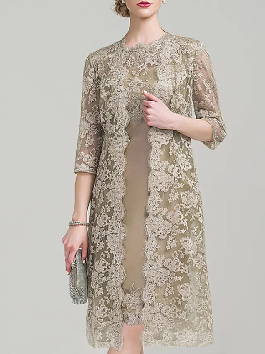 AABEI DRESS Wedding Guest Dress Elegant Beach Sheath Jewel Neck Tiers Knee Length Half Sleeve with Beading Mother of the Bride Dress main image 1