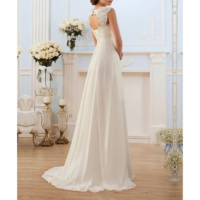 A-Line Sweetheart Empire Sweep Keyhole Ivory Lace Chiffon Wedding Dress