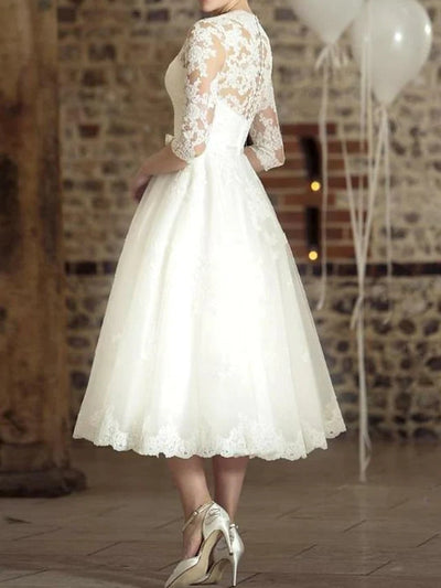 A-Line Wedding Dress Tea Length 3/4 Sleeve V Neck Lace Tulle 2024 Bridal Gown