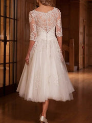 Свадебное платье трапециевидной формы для свадебного душа, длина чая, кружево с рукавами 3/4, свадебное платье 2024 года