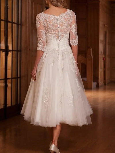 Bridal Shower A-Line Wedding Dress Tea Length 3/4 Sleeve Lace 2023 Bridal Gown