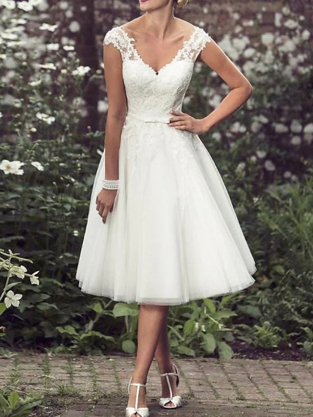 Bridal Shower A-Line Wedding Dress V-Neck Tea Length Lace Tulle Bridal ...