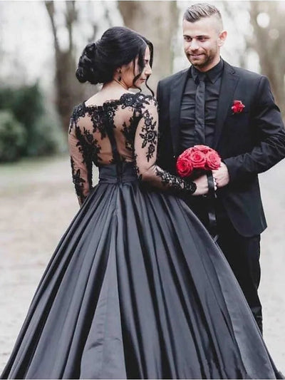 A-line Scalloped Bateau Long Sleeve Illusion Lace Satin Black Wedding Dress