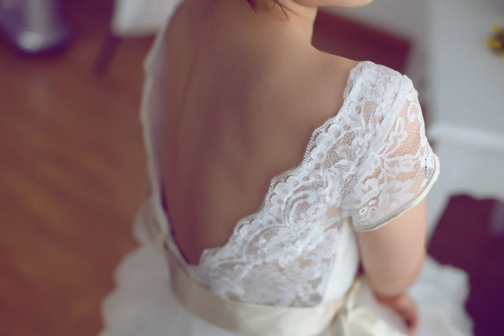 Vintage Inspired Lace Tulle Wedding Dress Deep V Back with 