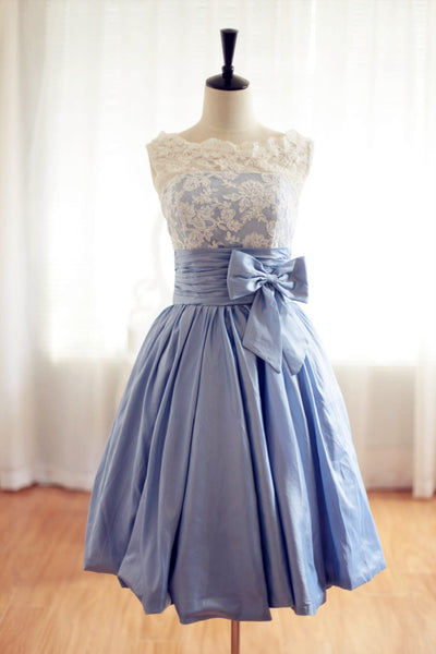 Lace Blue Taffeta Wedding Dress / Bridesmaid Dress in Knee 