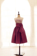 Vintage Ivory Lace Dark Raspberry Taffeta V Back Short Bridesmaid Dress
