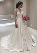 Винтажное атласное свадебное платье с V-образным вырезом и длинными рукавами, кружево