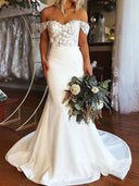 Длинное свадебное платье из эластичного крепа «русалка» с открытыми плечами, кружево