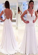 White Lace Chiffon A-Line/Princess Sleeveless Backless Wedding Dress
