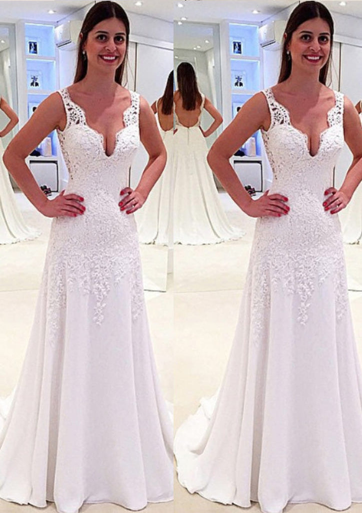 White Lace Chiffon A-Line/Princess Sleeveless Wedding Dress 