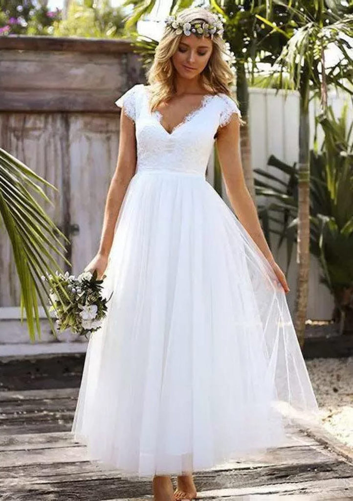 White V-Neck Cap Sleeve A-Line Tulle Wedding Dress Lace - 