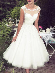 Robe de mariée trapèze longueur thé sans manches bateau dentelle tulle 2024 robe de mariée