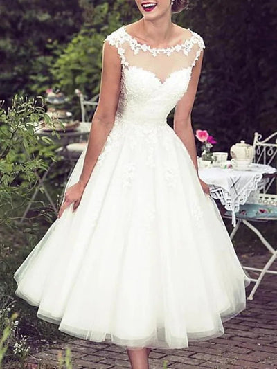 A-Line Wedding Dress Tea Length Sleeveless Bateau Lace Tulle 2024 Bridal Gown