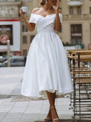 Свадебное платье трапециевидной формы для свадебного душа, длина чая, атласное свадебное платье с открытыми плечами 2024